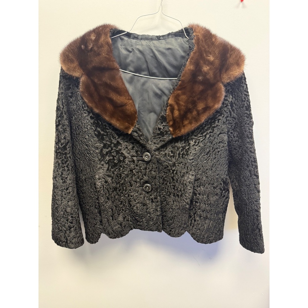 Paulini New York Vintage Black Persian Lamb Faux Fur Jacket Brown Mink Collar